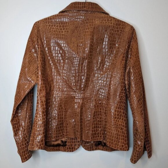 Vintage Brown  Leather Reptile Snake Alligator Print Button Front Jacket Large - Picture 7 of 10
